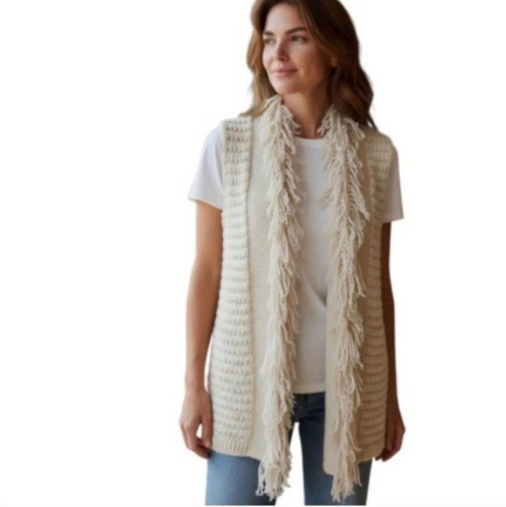 Calvin Klein Jeans Cream & Metallic Gold Fringe Vest Sz.M/L EUC.